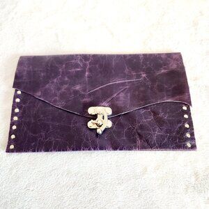 Leather Satchel Purple Steampunk Grunge Goth Studded Envelope Style Silver Tone